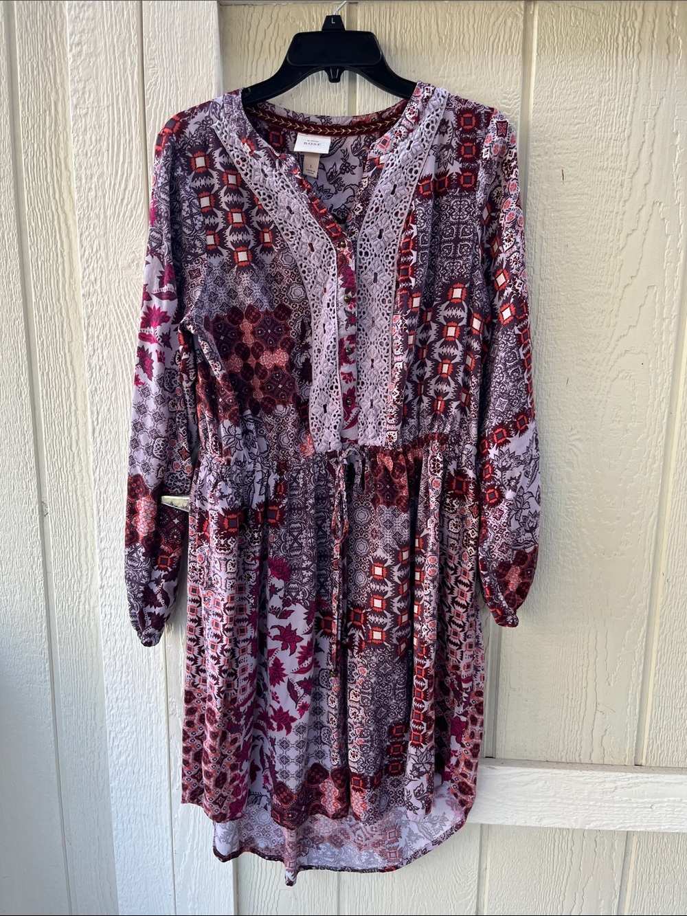 Knox Rose Burgundy and Lavender Patchwork Long-Sleeve Dress